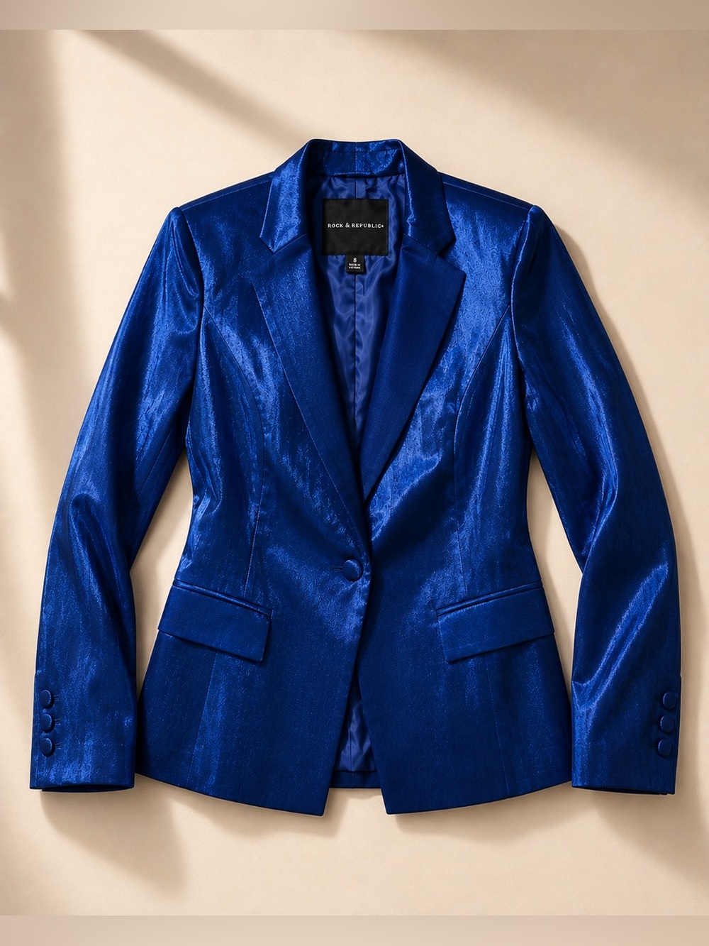 Rock & Republic Women's Size 8 Royal Blue Metallic Satin Blazer NWT Y2K